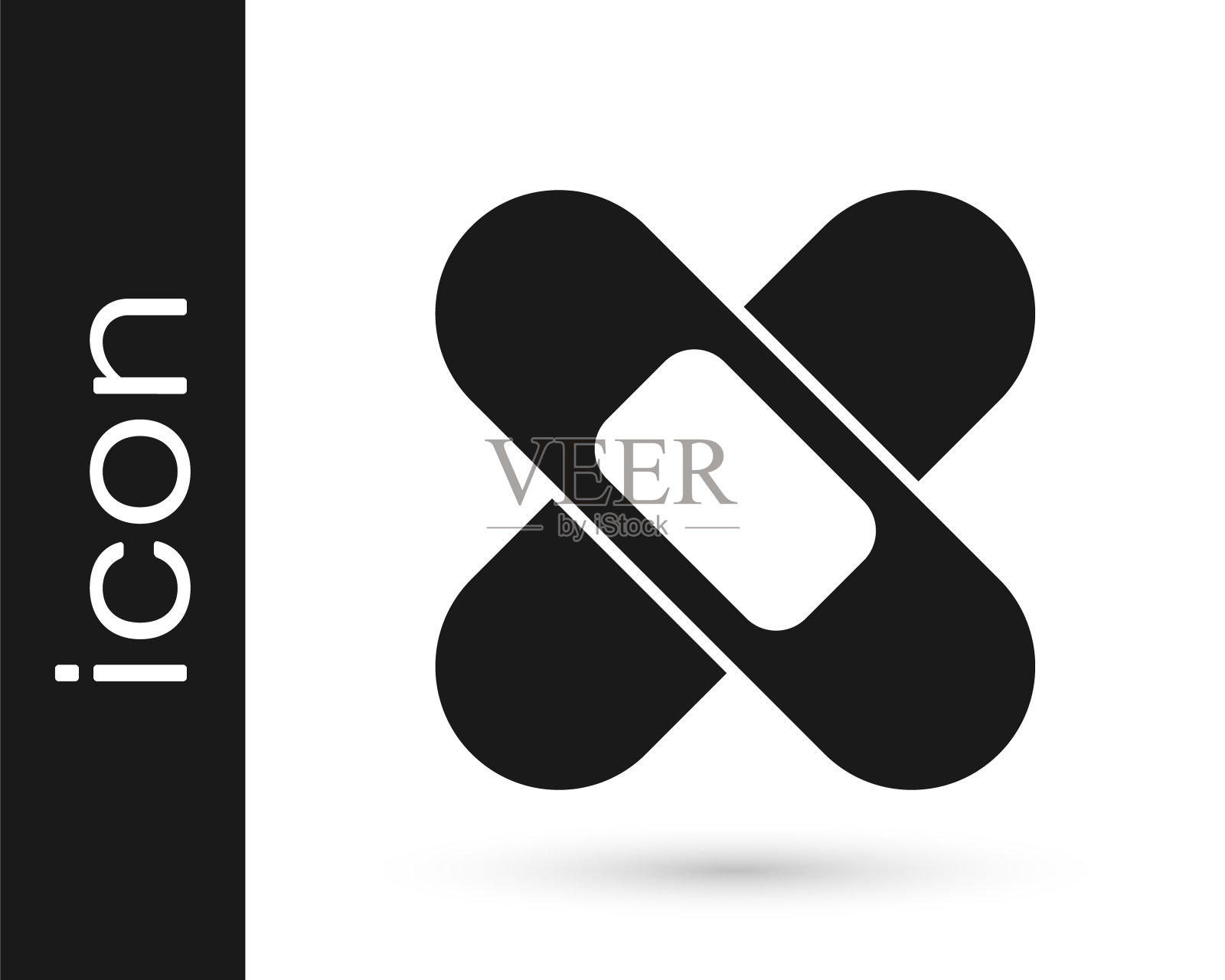 黑色交叉绷带石膏图标隔离在白色背景。医用膏药、不干胶绷带、柔性织物绷带。向量图标素材