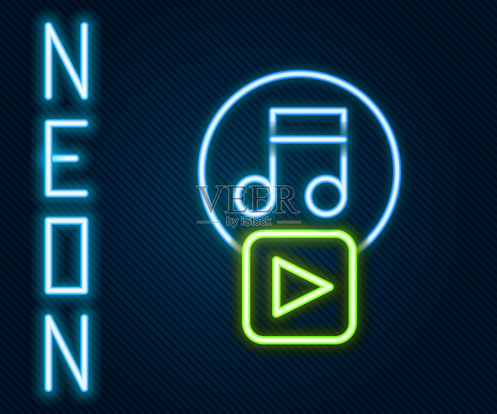 发光的霓虹灯线播放在黑色背景上孤立的方形图标。色彩缤纷的轮廓概念。向量插画图片素材