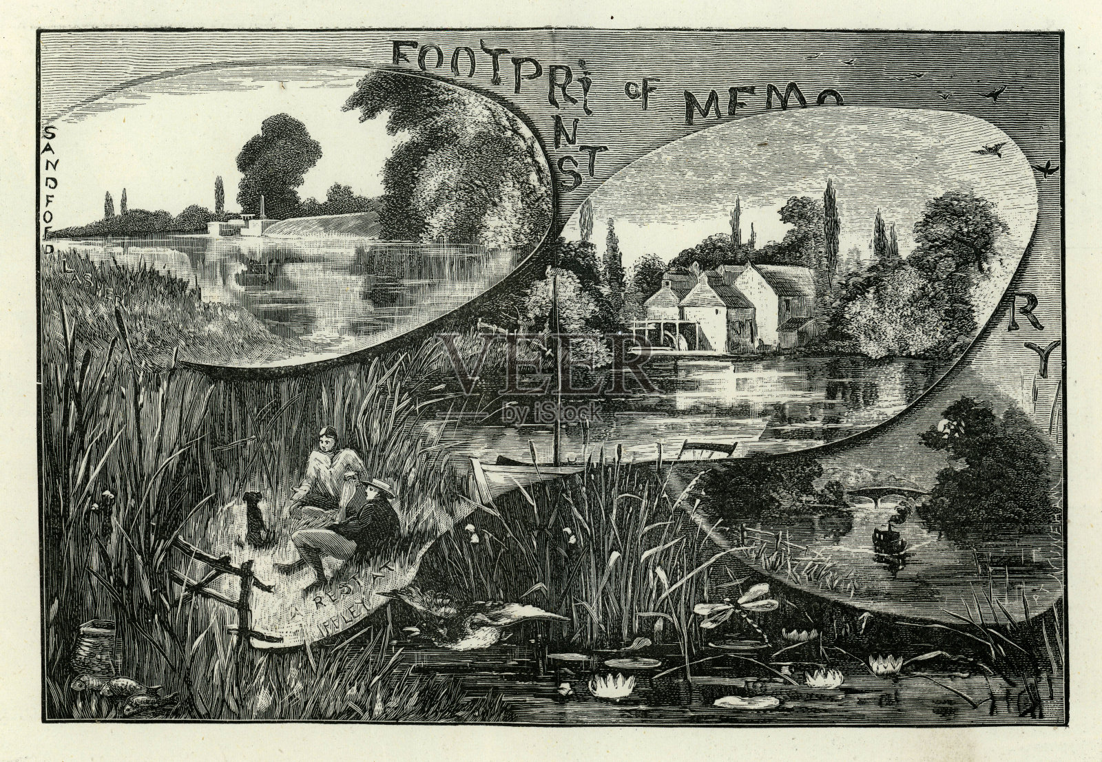 19世纪,维多利亚时期乘船穿越牛津郡、伊夫利和桑福德的场景插画图片素材