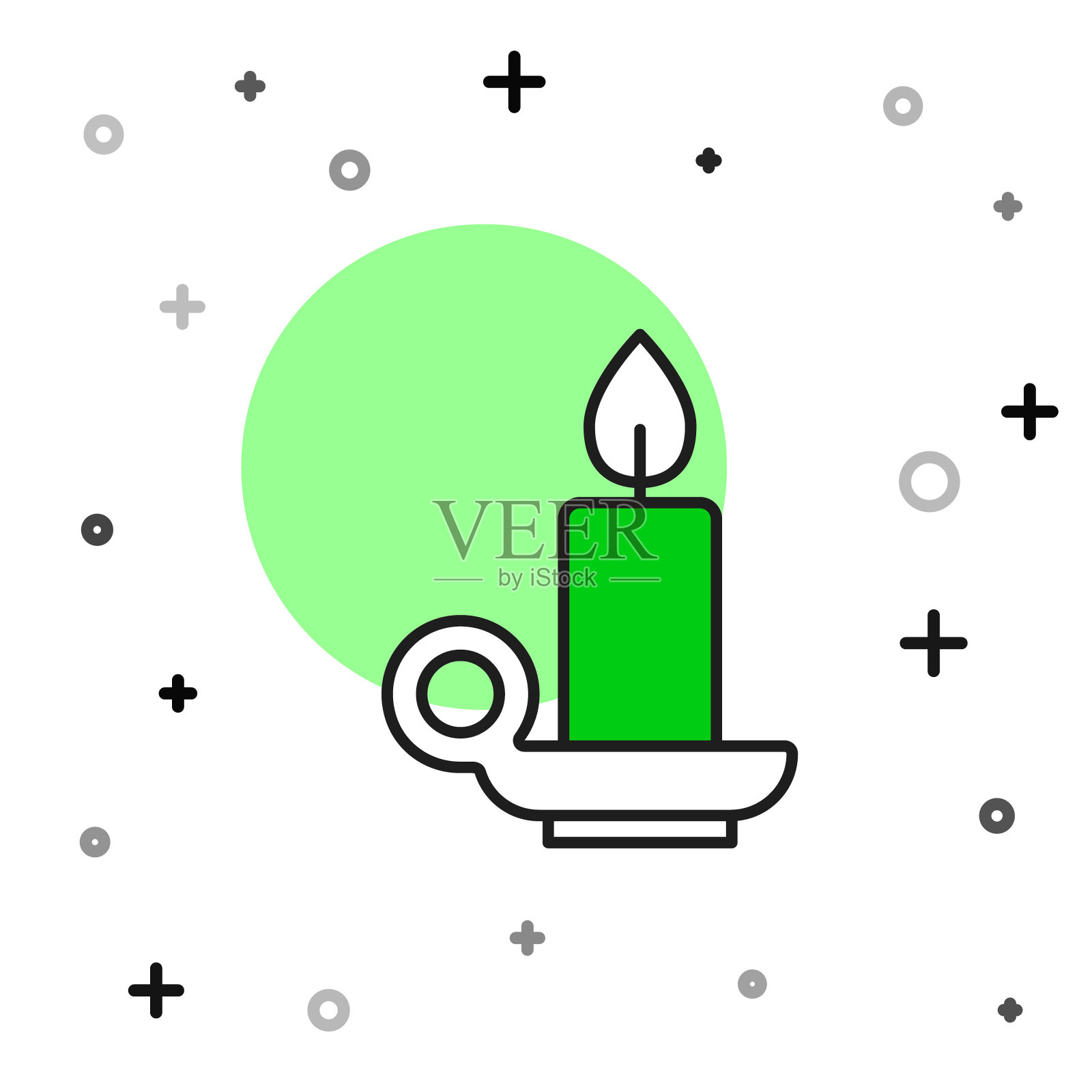 填充轮廓燃烧的蜡烛在烛台图标孤立的白色背景。燃烧火焰的圆柱形蜡烛棒。向量插画图片素材