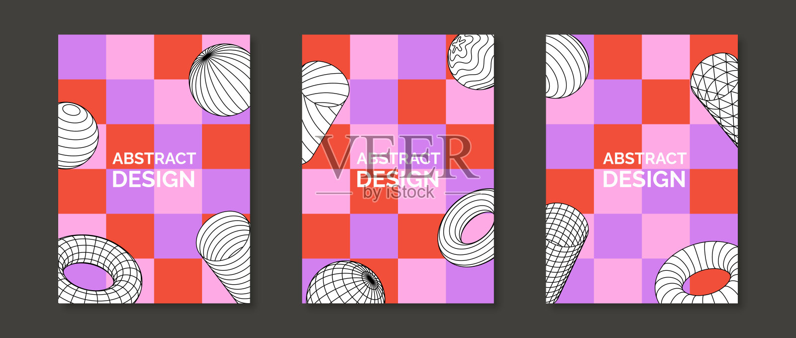 彩色新几何设计海报集。集合三维环面,圆锥,圆柱和球体形状在方格的背景。一套复古的未来主义模板的封面,横幅,传单。矢量包插画图片素材