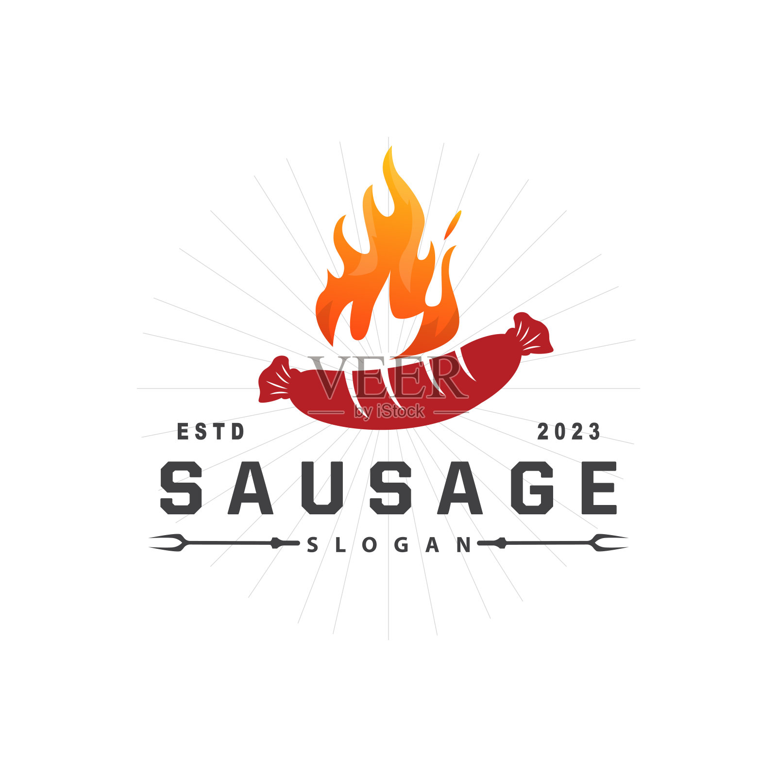 香肠标志,矢量肉叉和香肠食品,餐厅灵感设计,复古的乡村插画图片素材