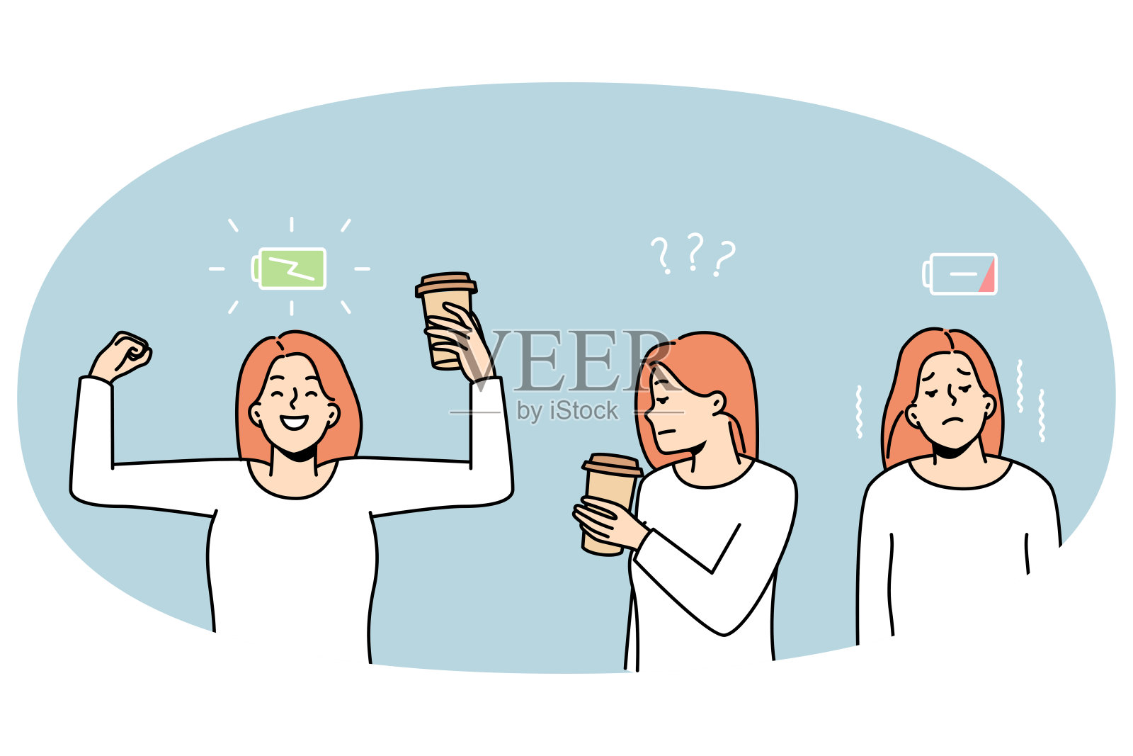 女人喝咖啡前后插画图片素材