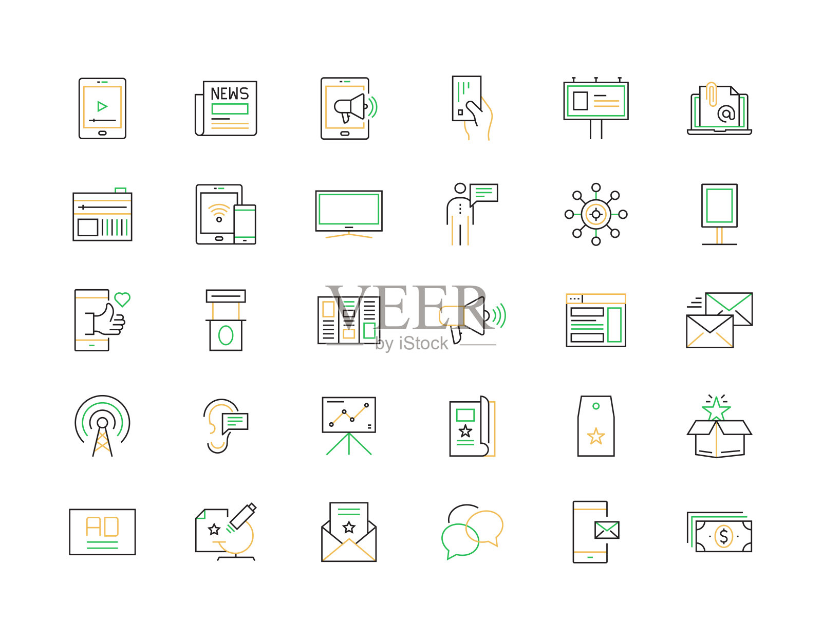 广告相关矢量细线图标。大纲符号集合插画图片素材