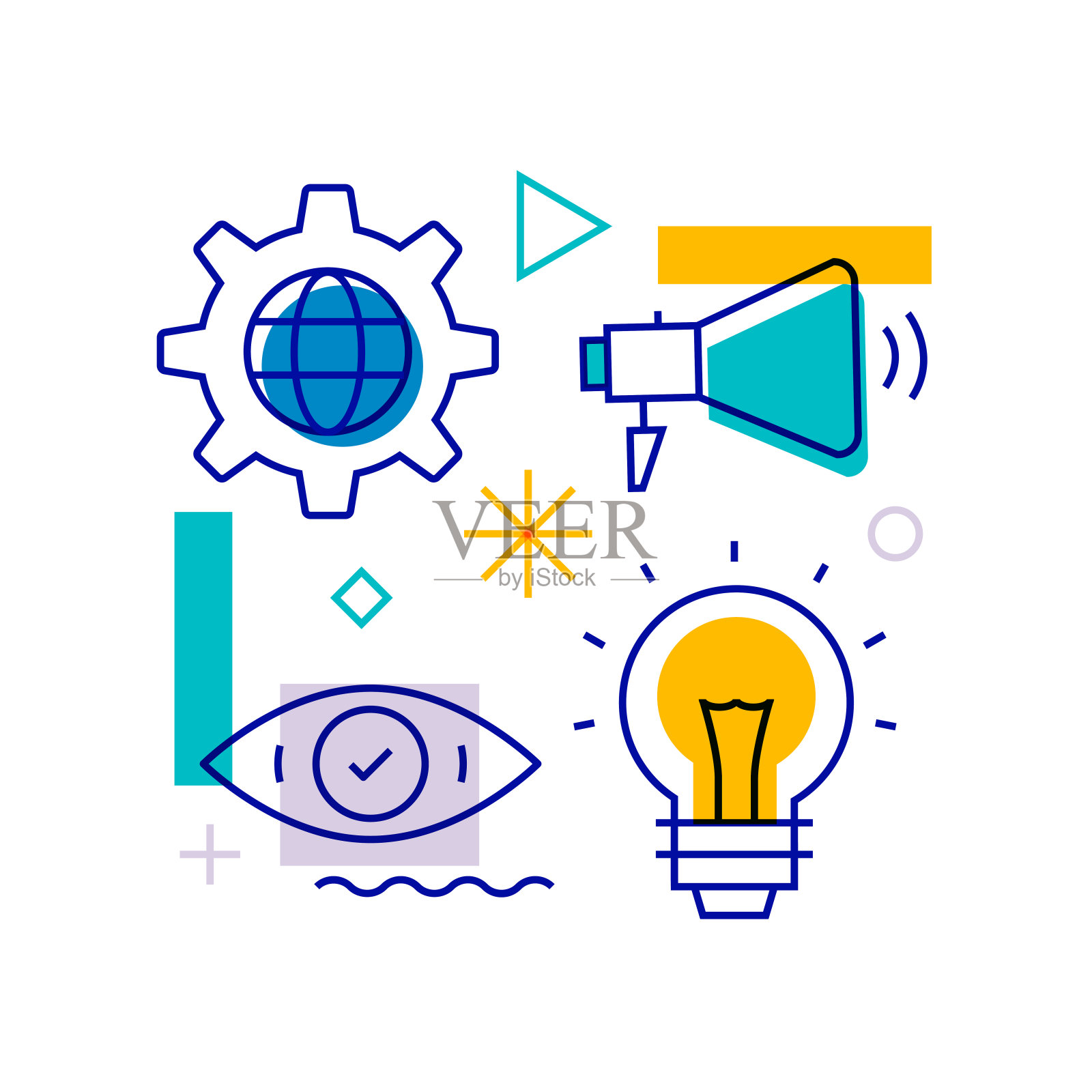 产品管理相关的设计元素。带有轮廓图标的图案设计。色彩斑斓的矢量图插画图片素材