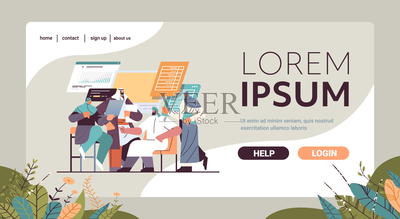 阿拉伯商人分析财务数据插画图片素材