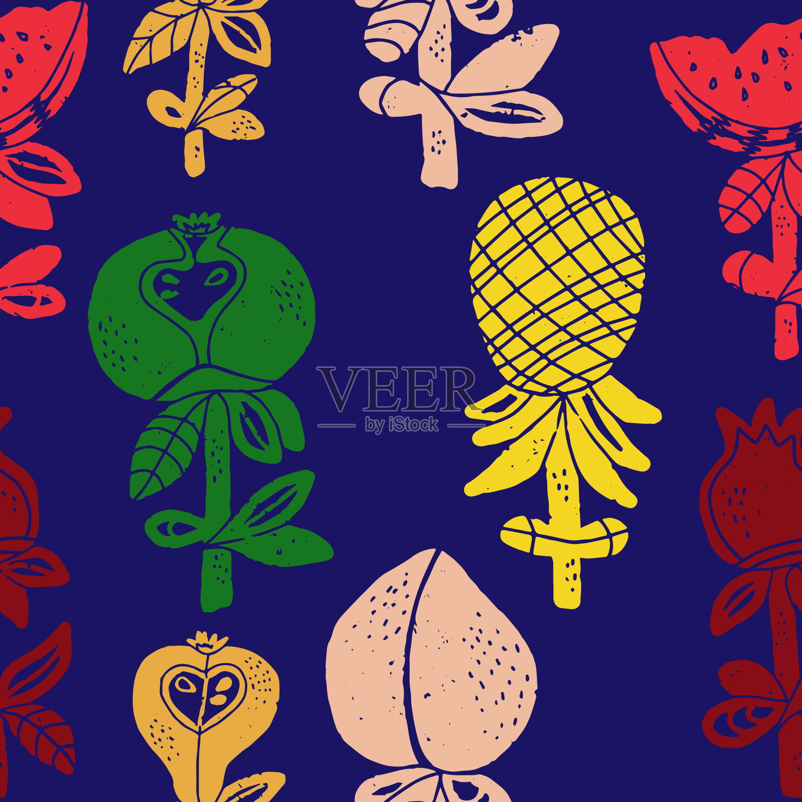 风格化的水果在亚麻油布风格,极简主义,当代,斯堪的纳维亚风格。矢量无缝模式。插画图片素材