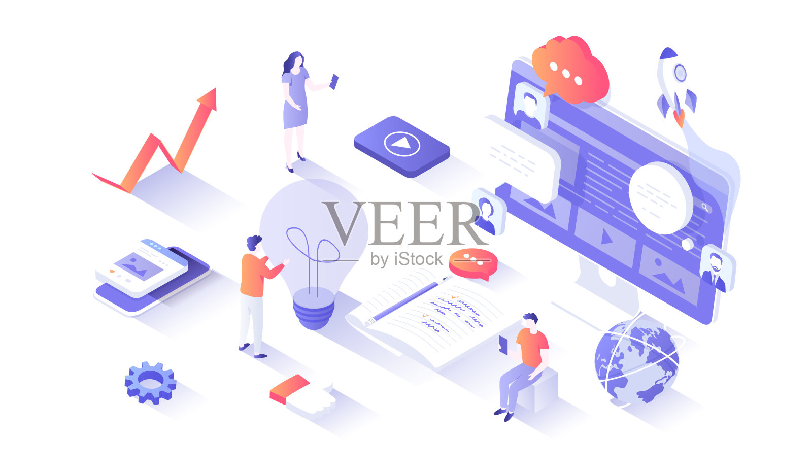 社会创新,理念,战略,技术,创新方法。等距插图与人物场景的网页图形。插画图片素材