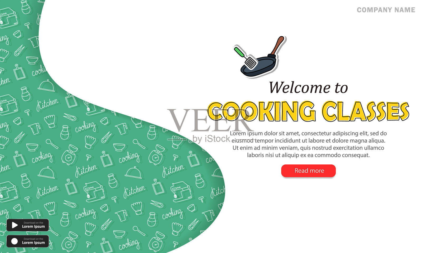 绿色手绘厨房图案的横幅和烹饪班的邀请插画图片素材