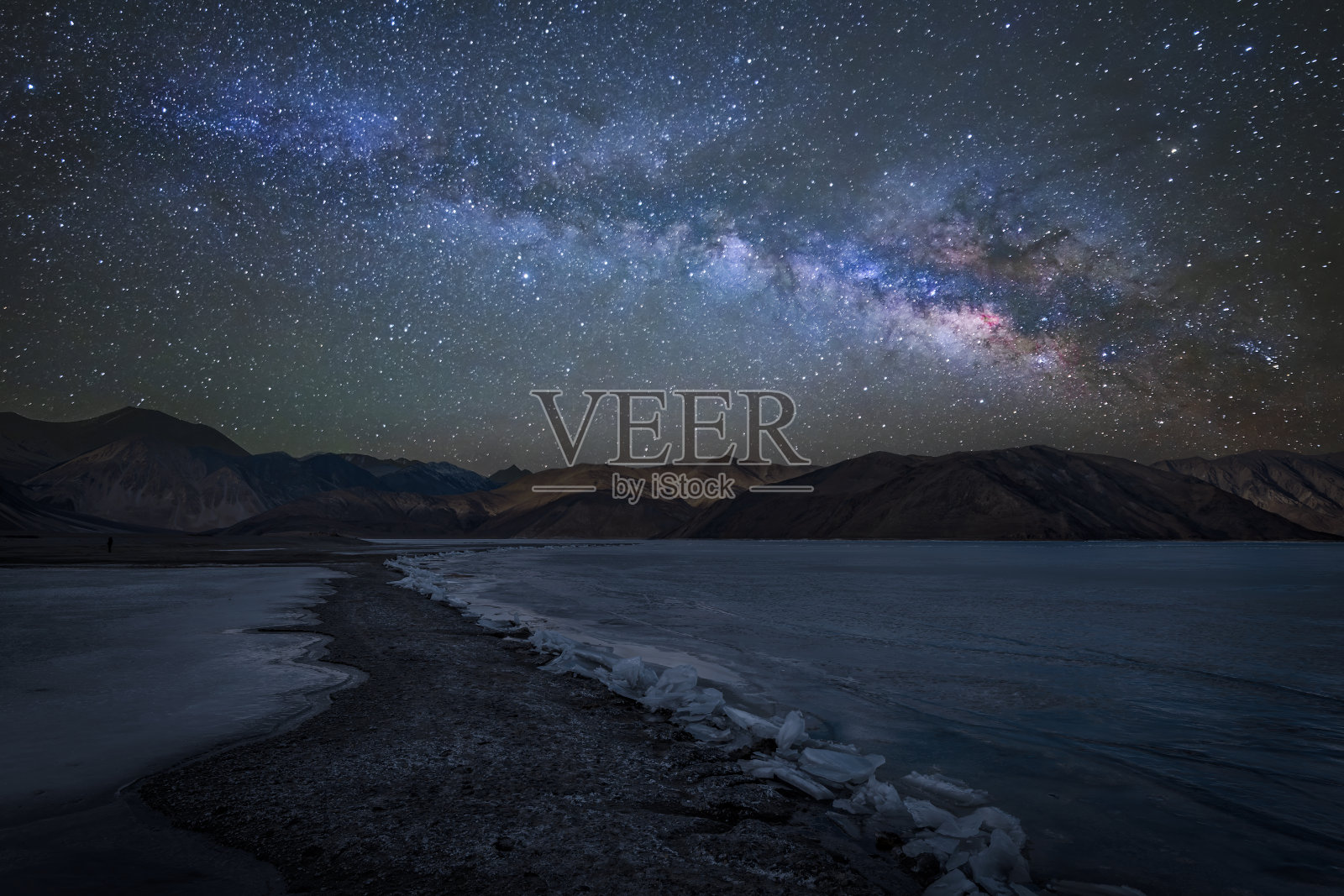 冰冻的班公湖:明亮银河下迷人的夜景照片摄影图片