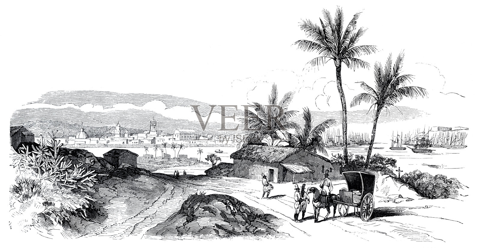 1853年古巴哈瓦那市景插画图片素材