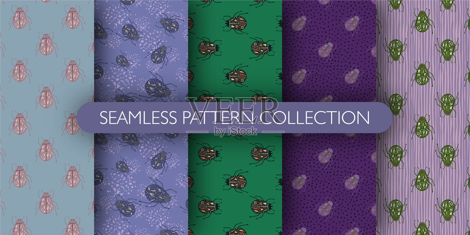 一套昆虫手绘虫无缝图案插画图片素材