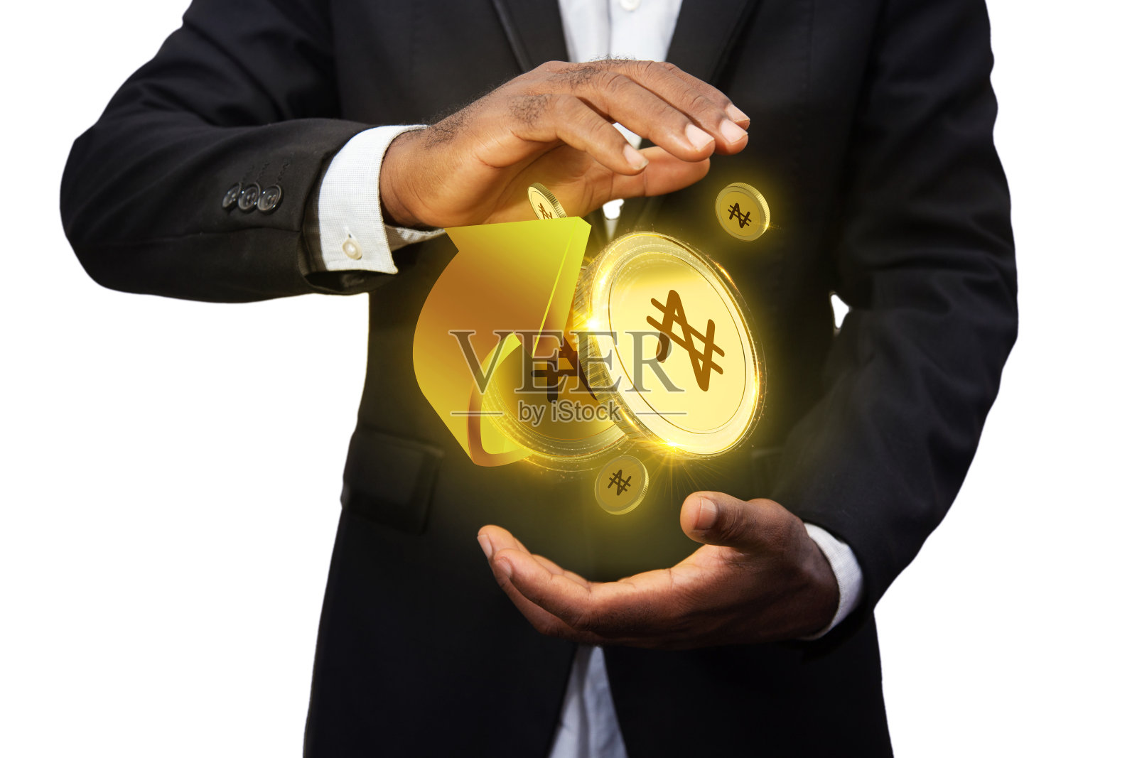 3d渲染尼日利亚奈拉币概念漂浮在商人的手掌,数字货币悬挂在手上。白底全息图在手照片摄影图片