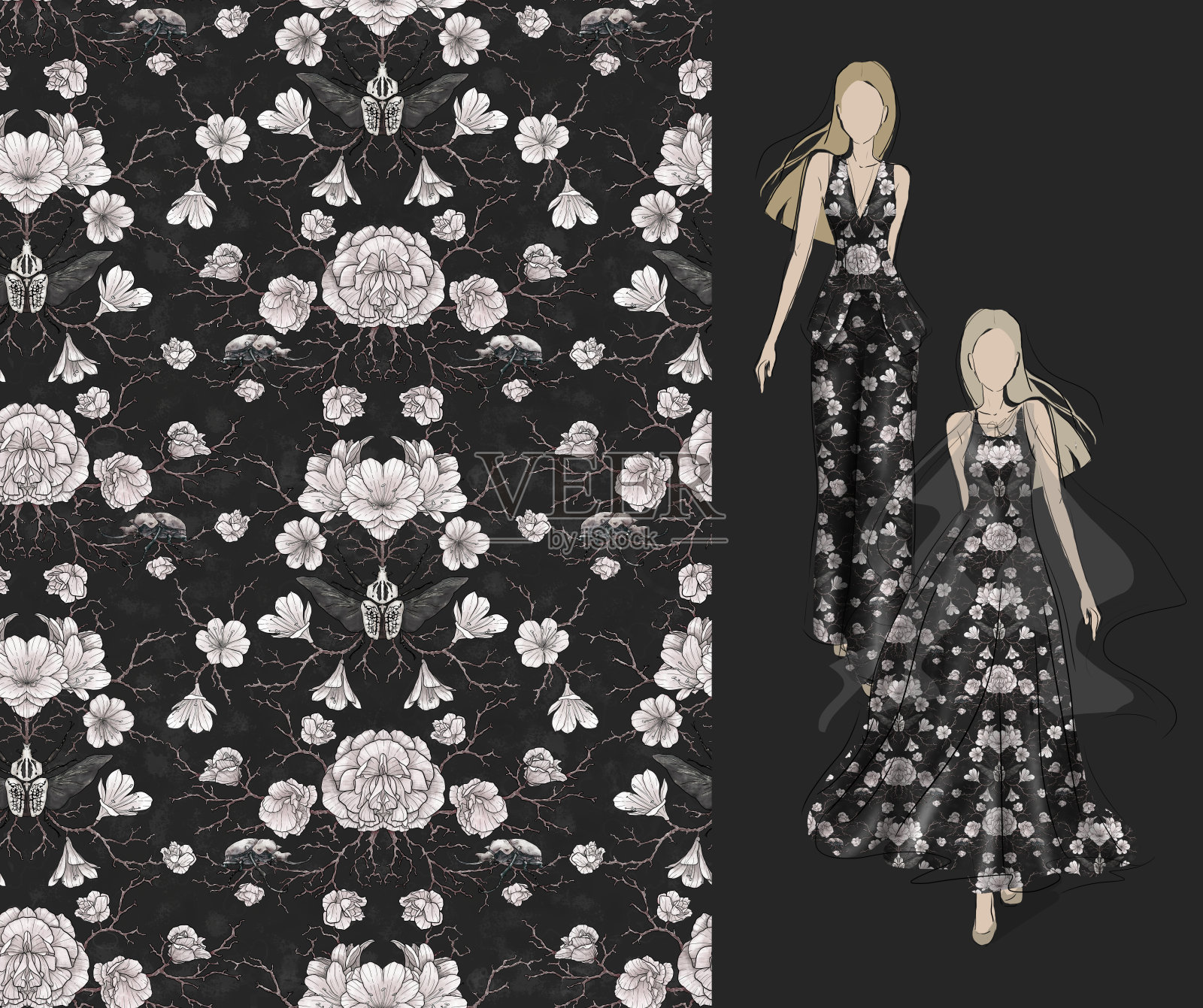 时尚的印花图案。手绘、时装插画、女装、面料设计。插画图片素材