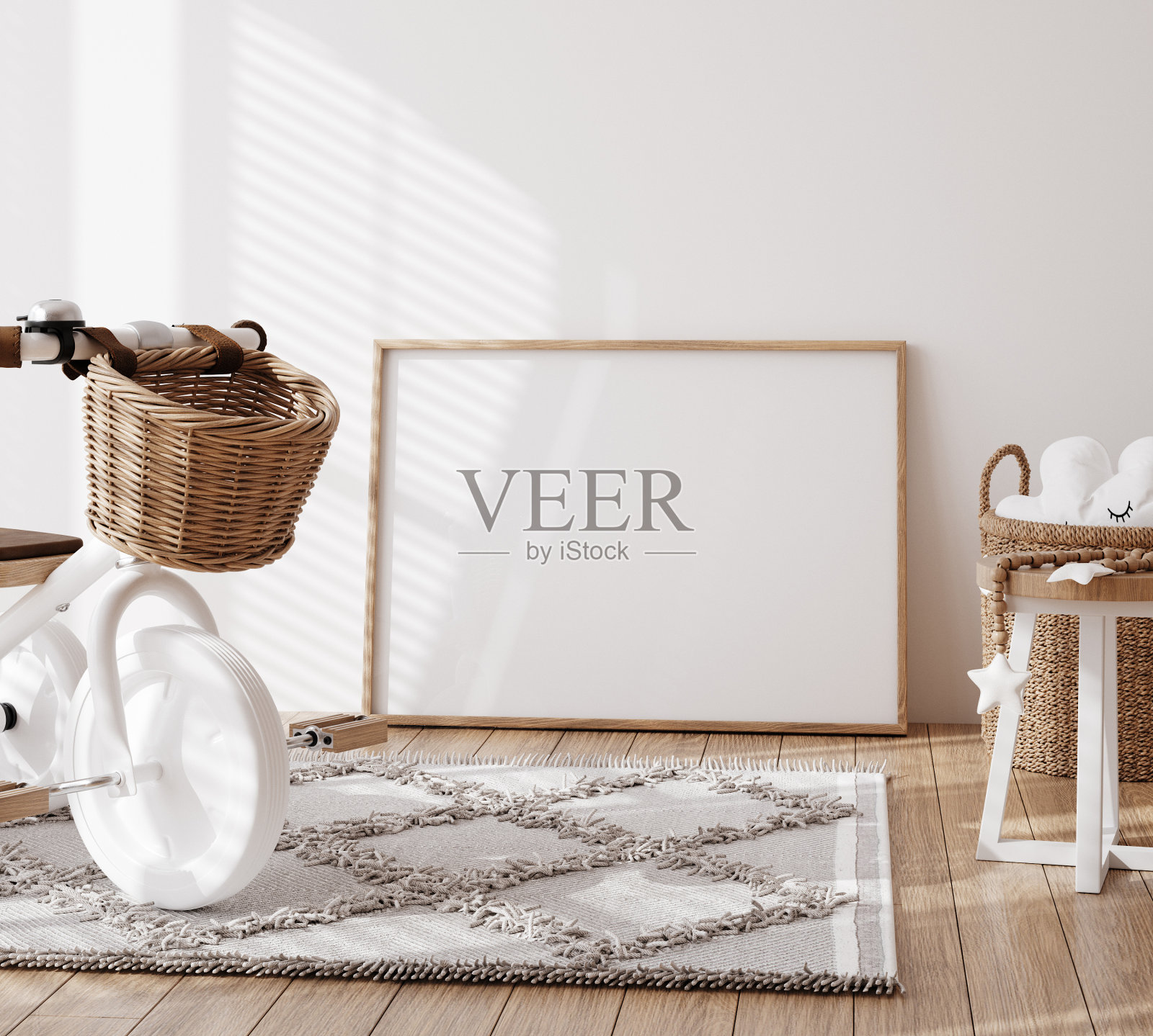 用天然木制家具模拟儿童房的框架照片摄影图片