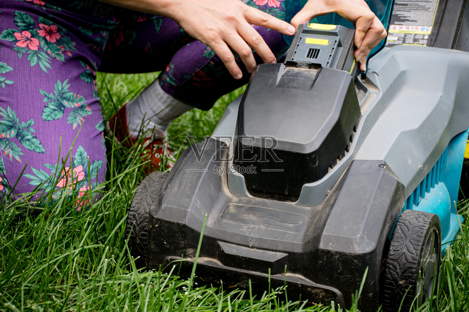 可持续能源:在加拿大的后院,被授权的妇女处理电池供电的割草机照片摄影图片