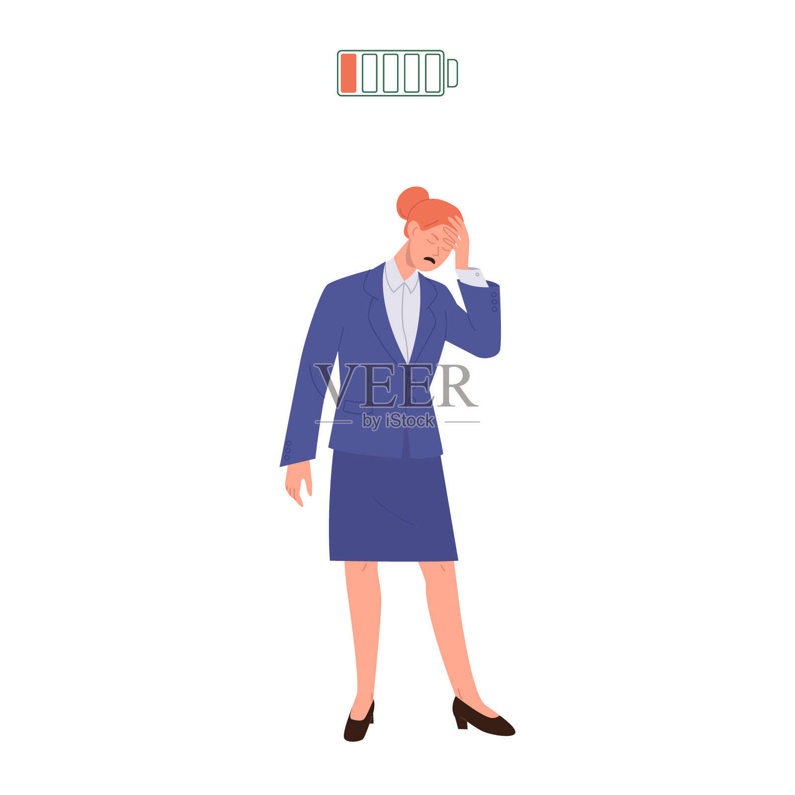 不快乐的女商人感到倦怠,疲倦和身体不适,由于疲惫和低电量插画图片素材