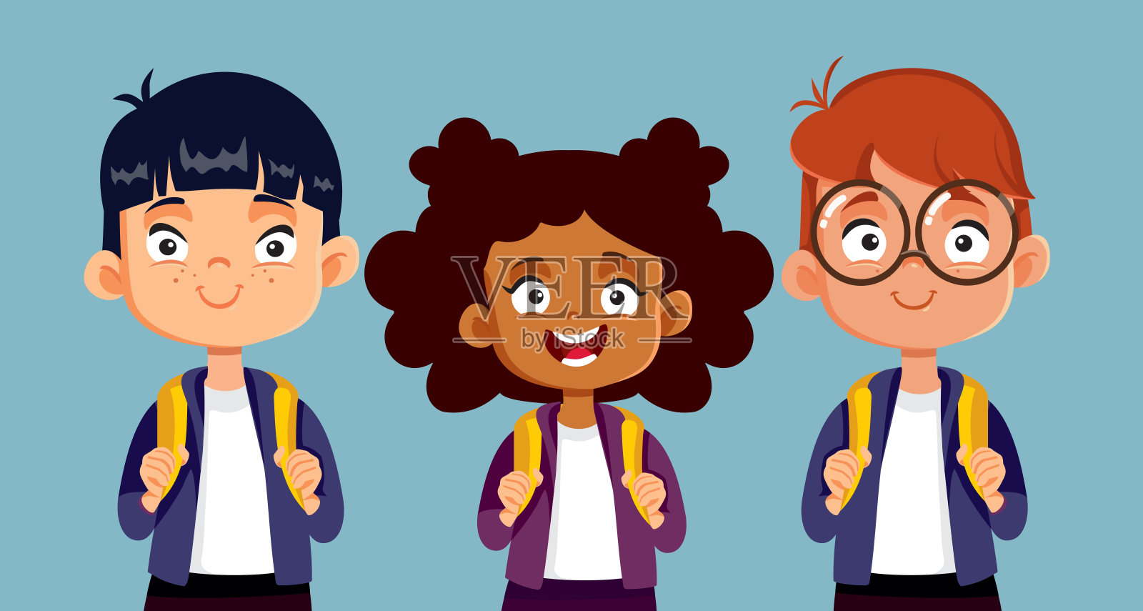 快乐的学校儿童与背包矢量卡通插图插画图片素材