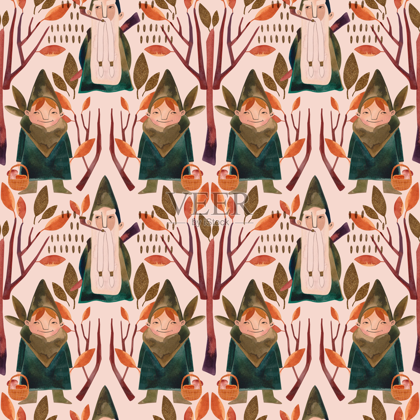 水彩无缝图案与秋天侏儒。时令包装纸。下降。用于包装、墙纸、包装纸、纺织品的栅格插图。米色背景插画图片素材