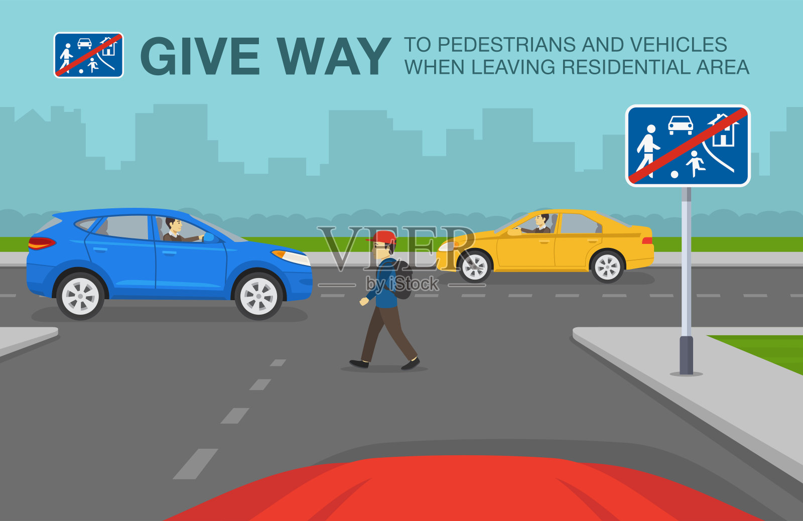 居住区和生活街道尽头的道路或交通标志的含义。红色轿车正驶离家园区。行人过马路。插画图片素材