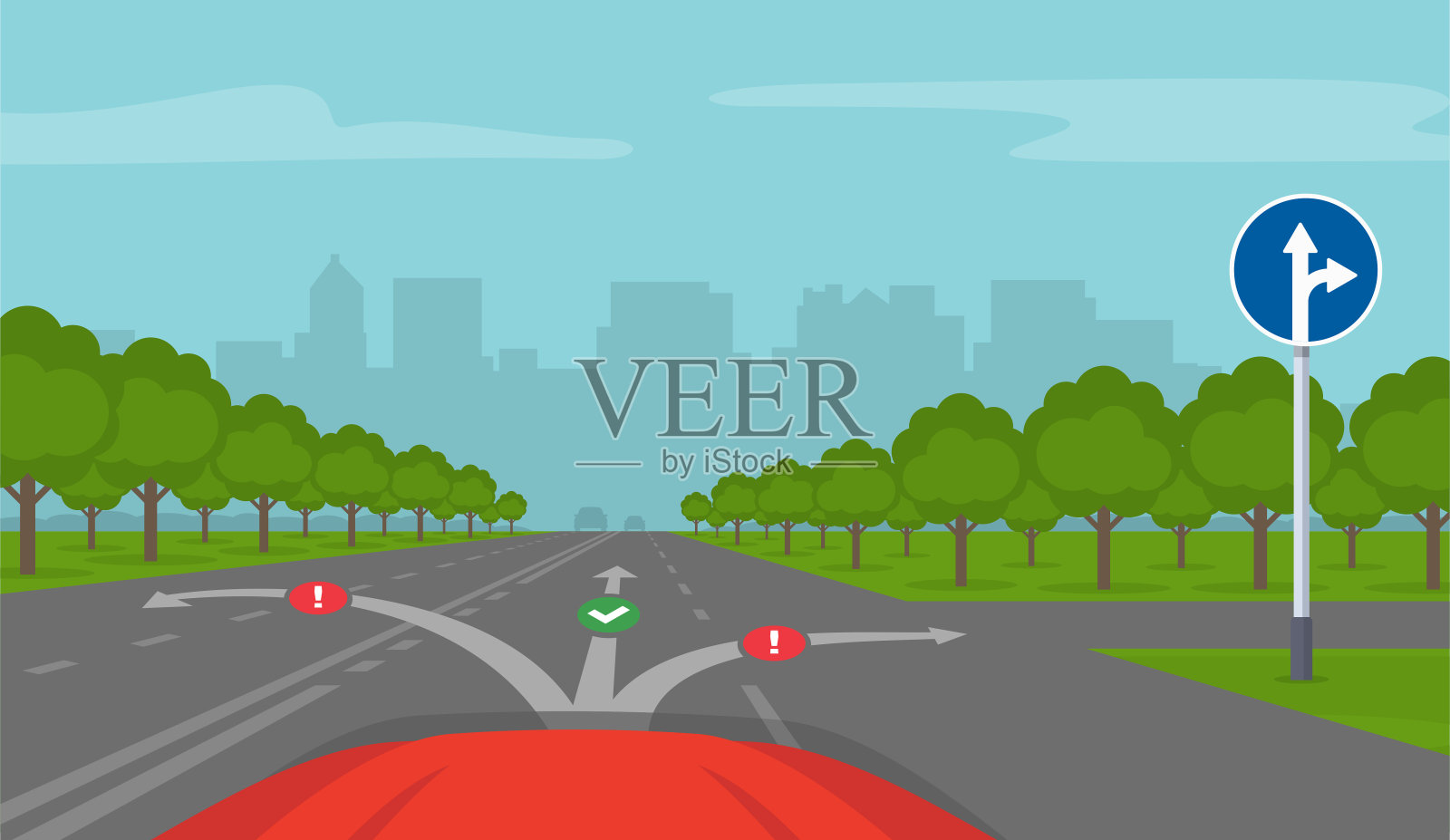 安全驾驶技巧及交通规则。直行或右转交通标志。高速公路上的车。插画图片素材