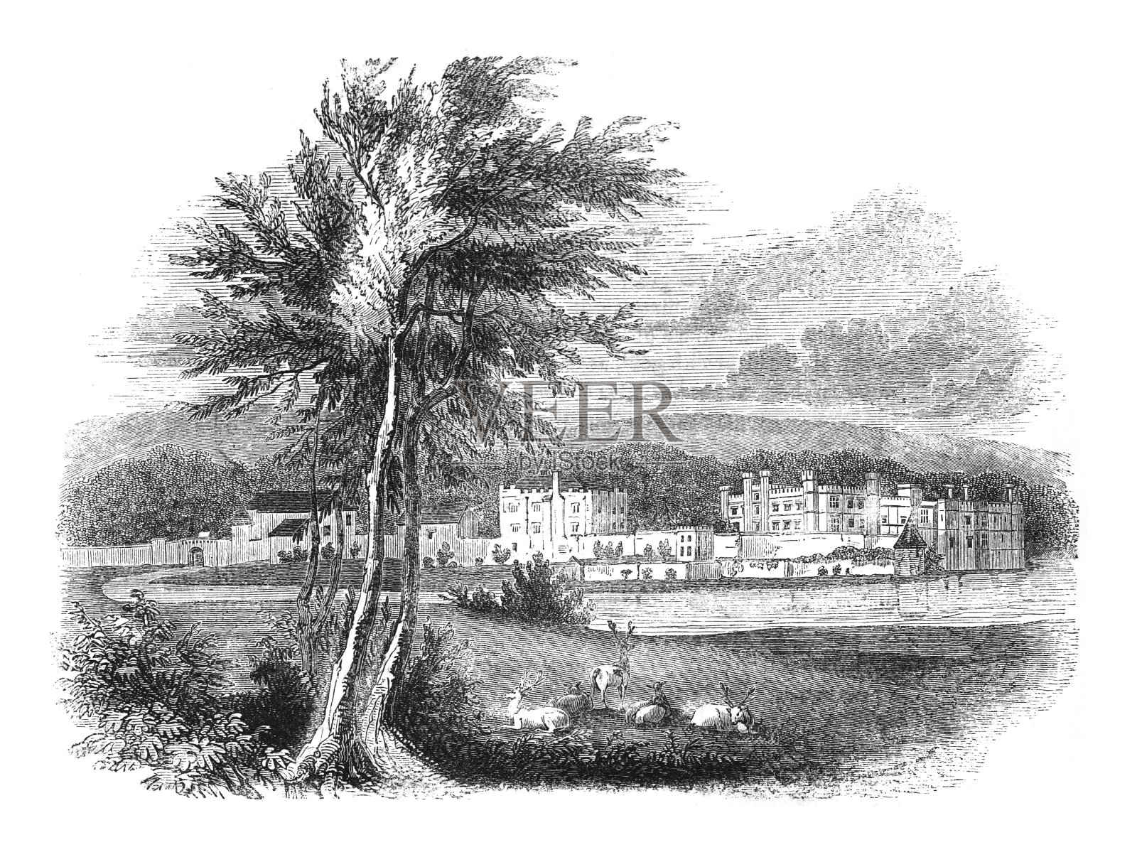 利兹城堡在肯特郡(英格兰)-复古雕刻插图插画图片素材