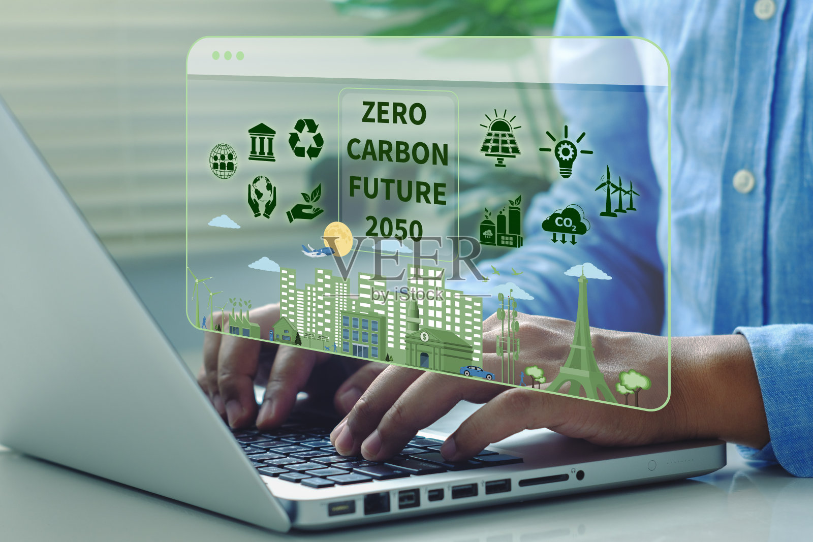电脑屏幕上的零碳未来,概念,零碳目标,净零排放目标和长期气候中和战略。照片摄影图片