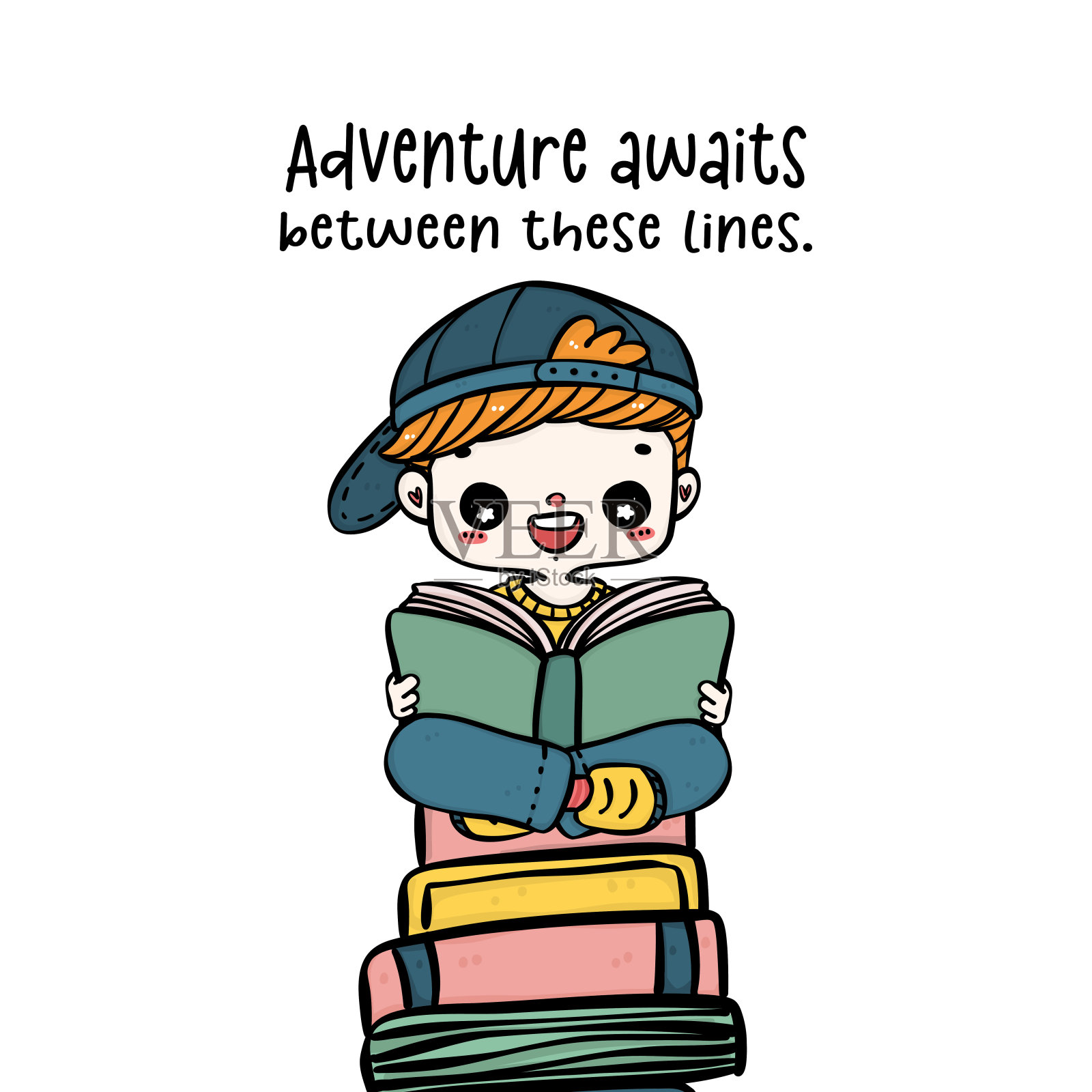 一个令人兴奋的书虫男孩在一堆书上阅读卡通手绘涂鸦插画图片素材