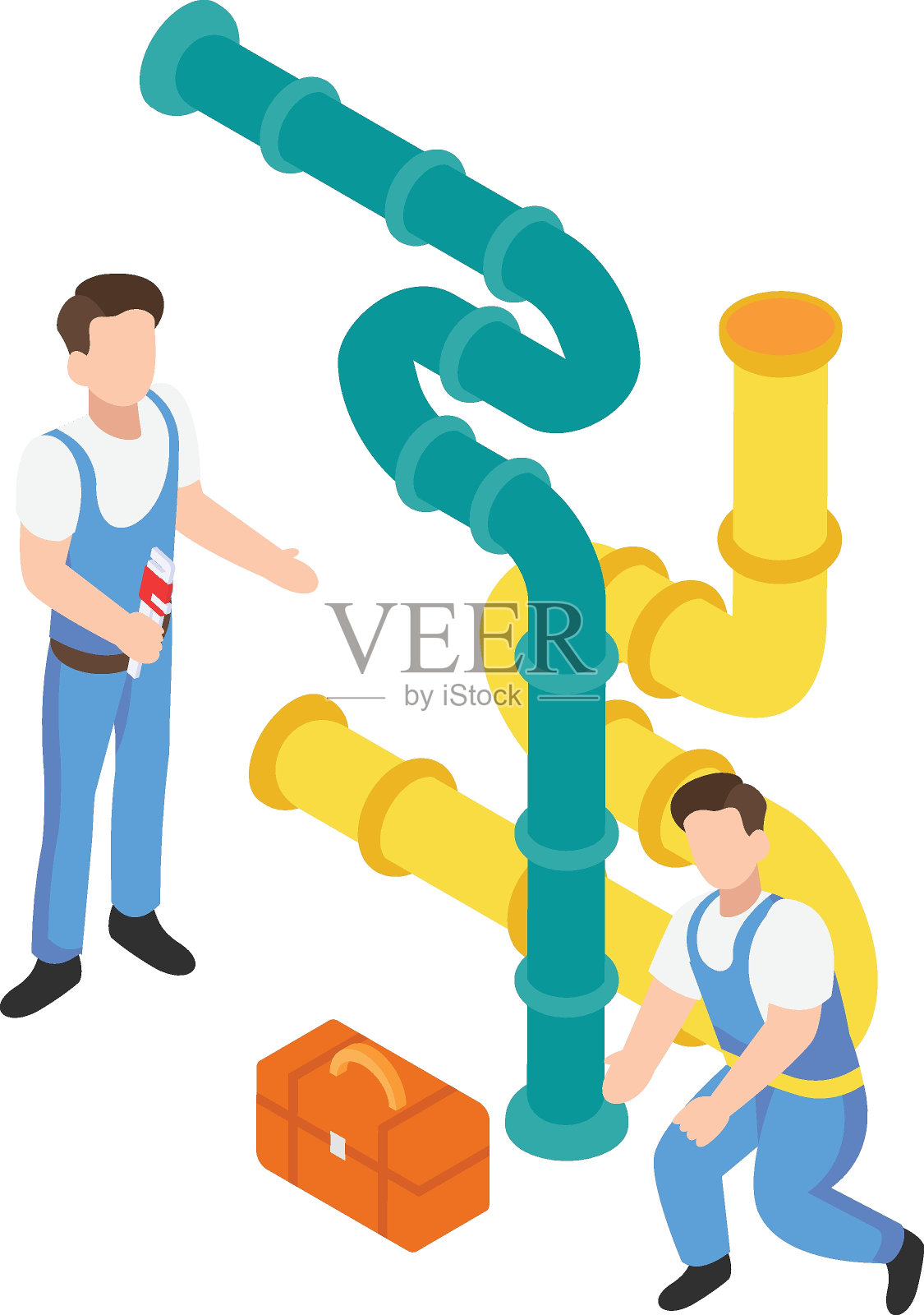 工厂管道等距概念,两个修理工安装管道液体流量矢量图标设计,水管工设备符号,勤杂工服务工程标志,卫生技术人员库存插图插画图片素材