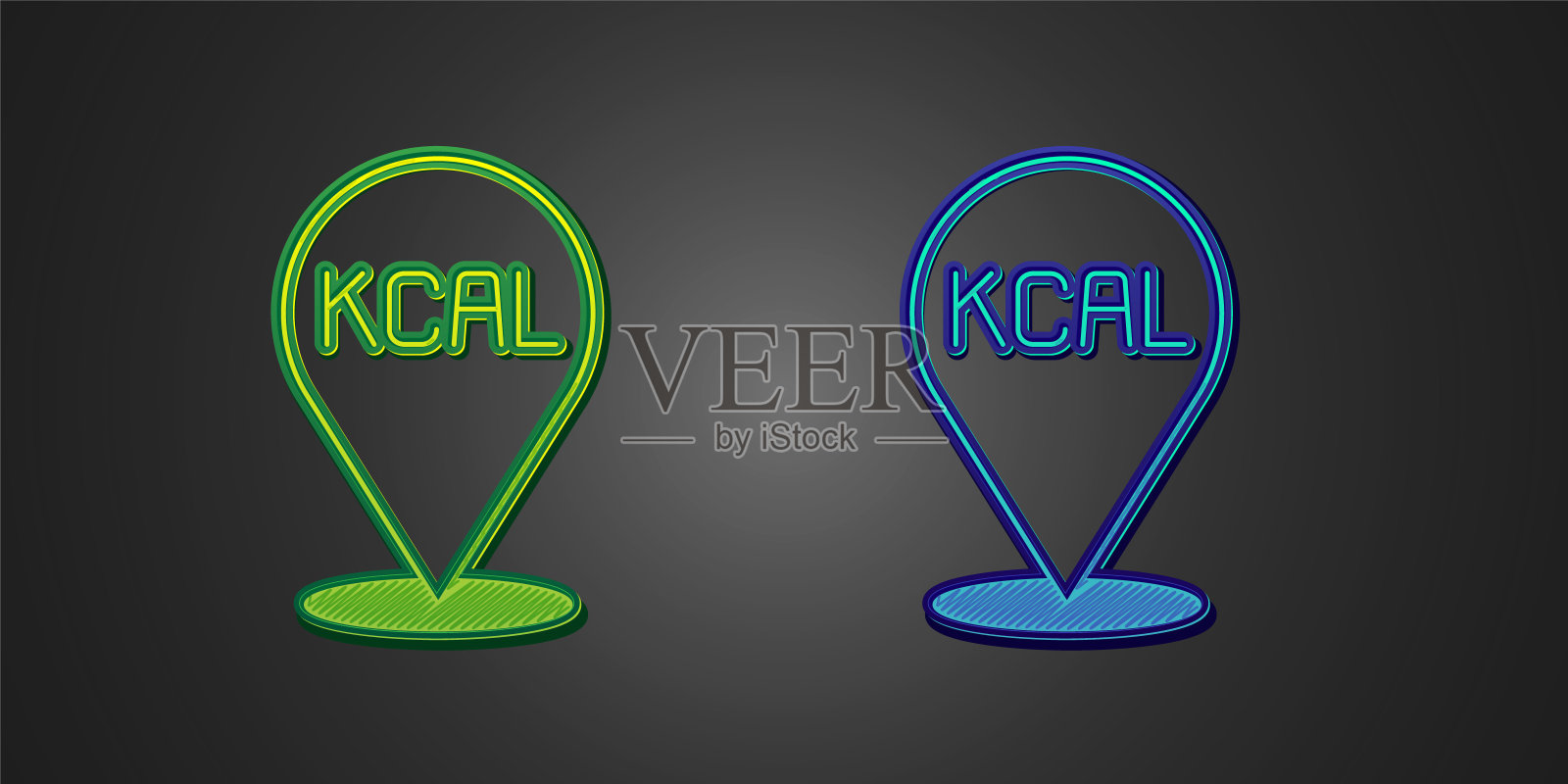 绿色和蓝色的Kcal图标孤立在孤立的黑色背景上。健康食品。向量插画图片素材
