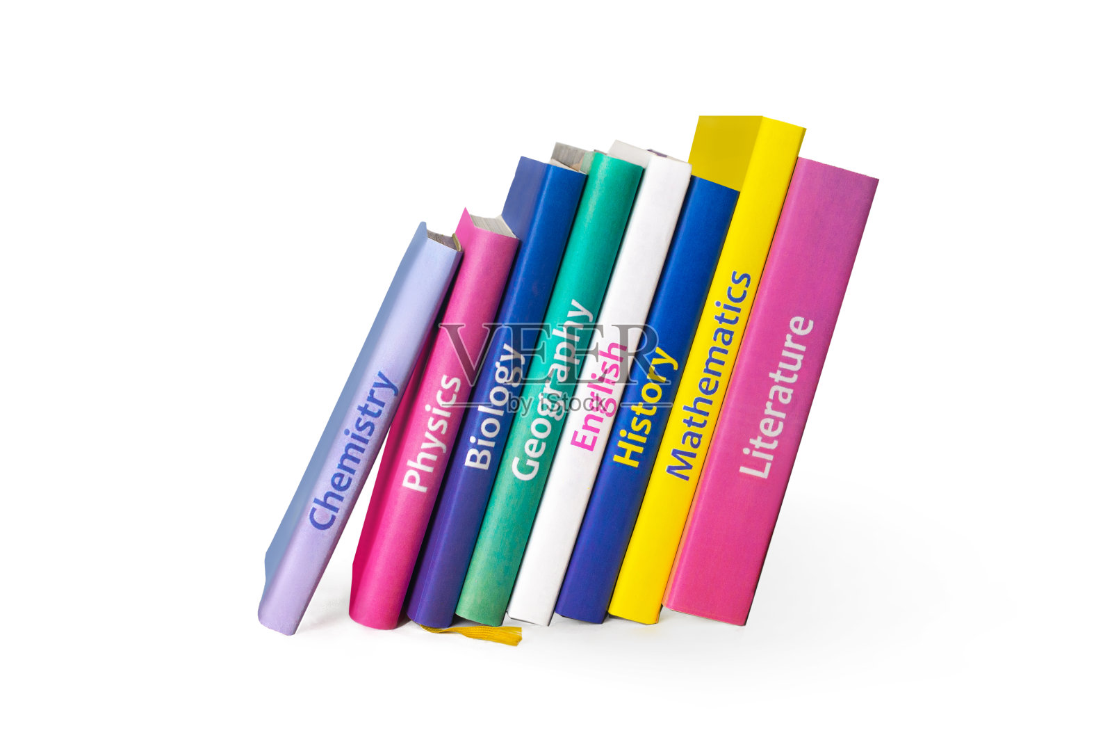 学校的彩色教科书孤立在白色的背景上。书在书架上。基础学科:数学、文学、物理、化学照片摄影图片