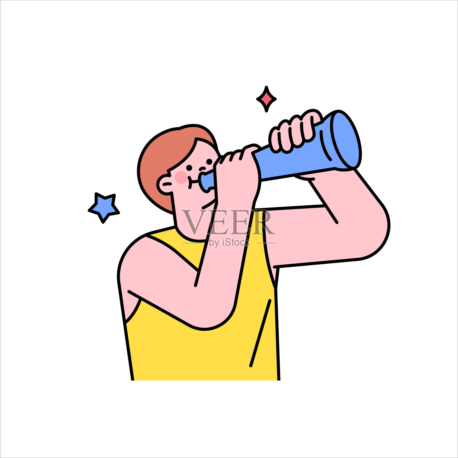 一个男孩手里拿着小号在欢呼。为运动队欢呼的支持者。插画图片素材