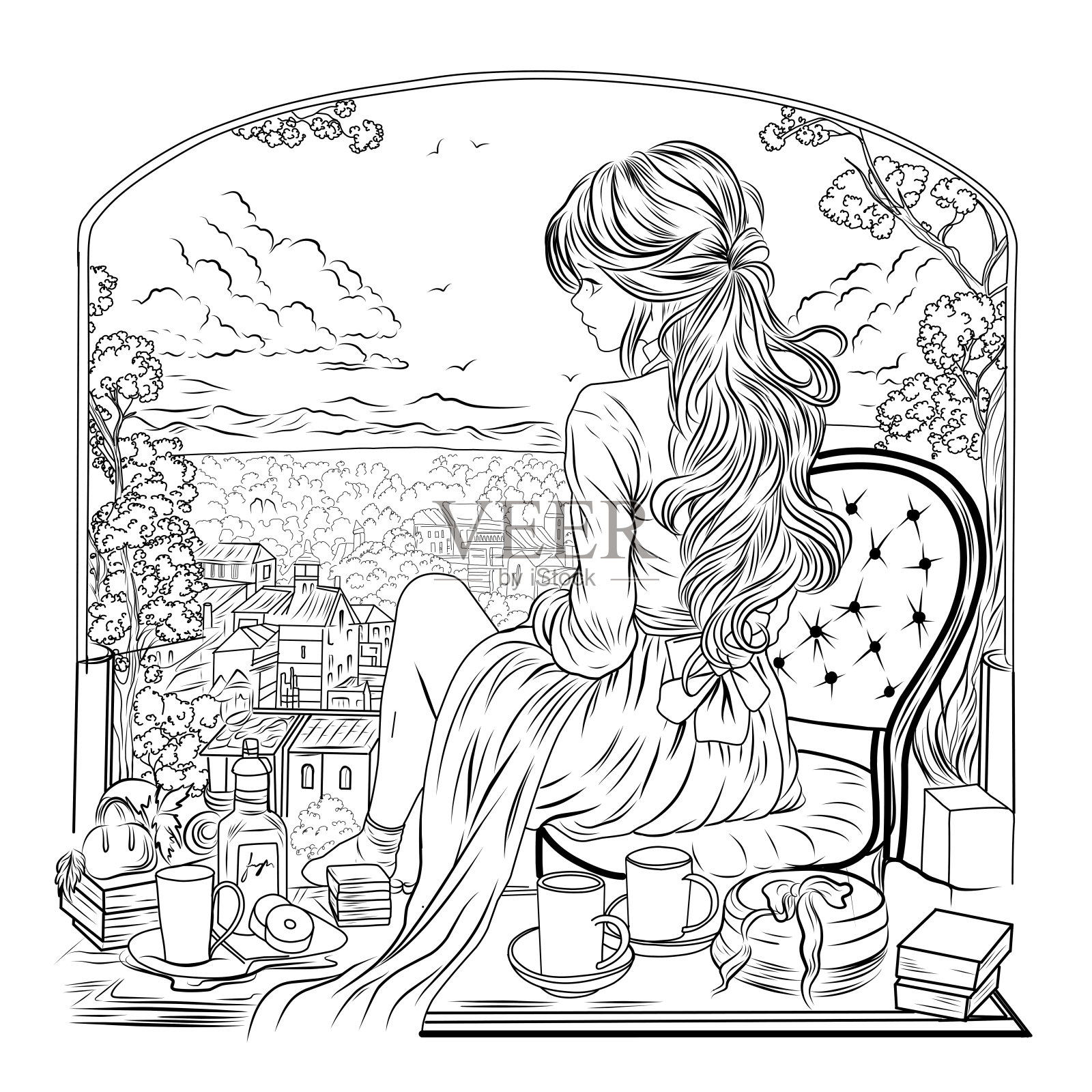 浪漫的涂色页。美丽的女人背靠坐在风景的背景上,黑白线性插图插画图片素材