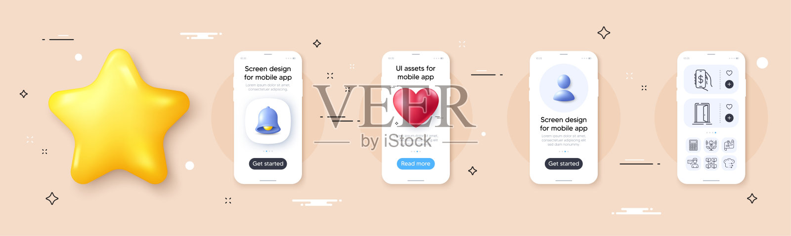 打开门,视频会议和金钱应用程序线图标包。用于web应用程序。手机屏幕模型。向量插画图片素材