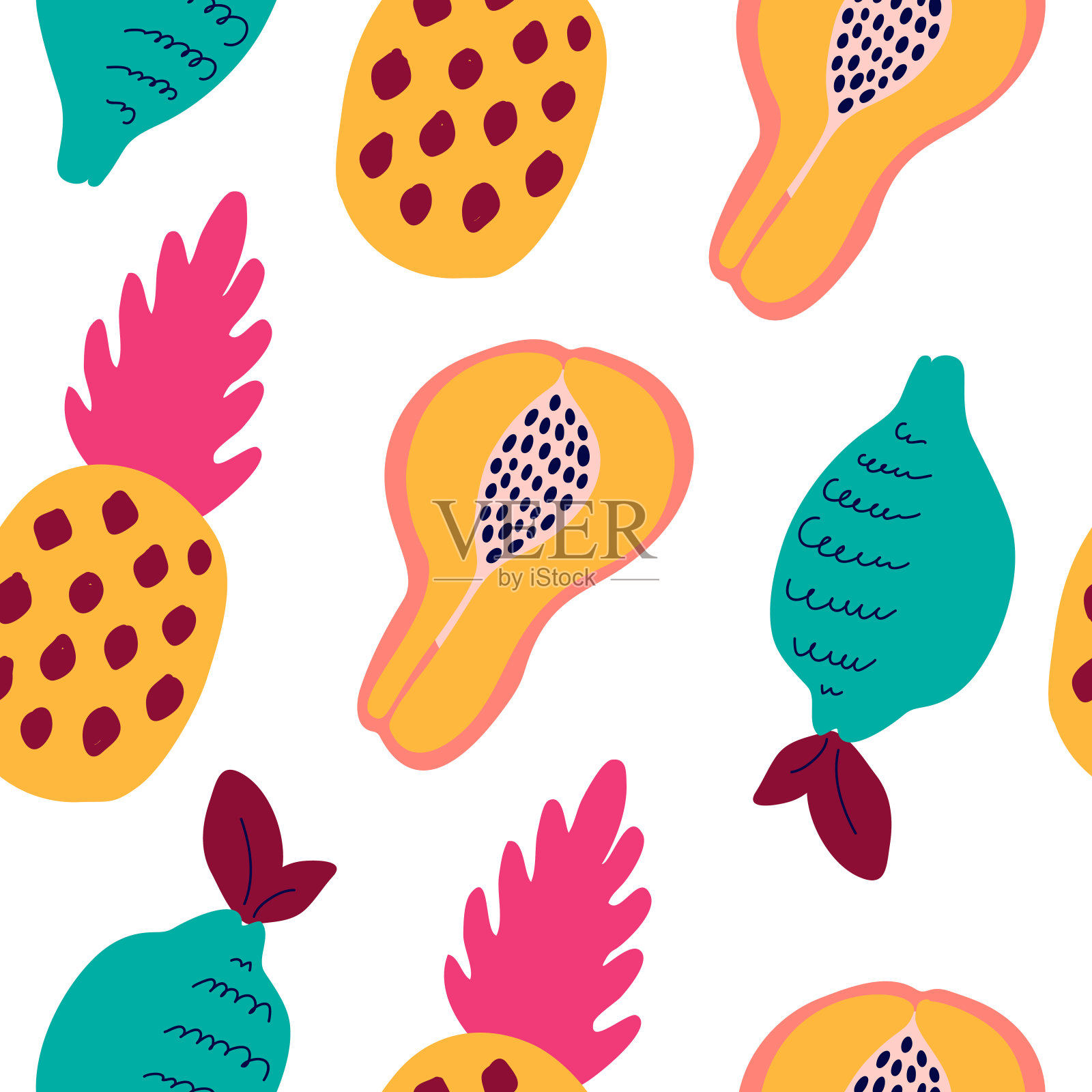 抽象的水果图案。热带无缝图案。矢量插图手绘风格。插画图片素材