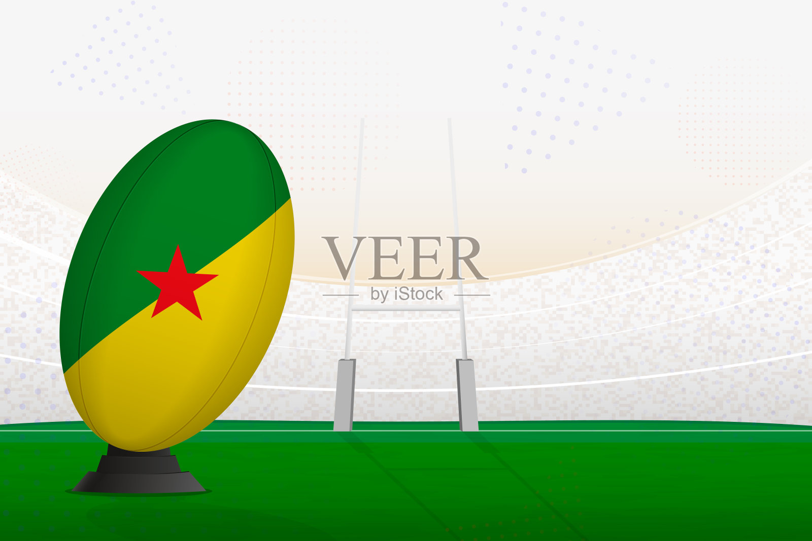 法属圭亚那国家队的橄榄球放在橄榄球球场和门柱上,准备罚点球或任意球。插画图片素材