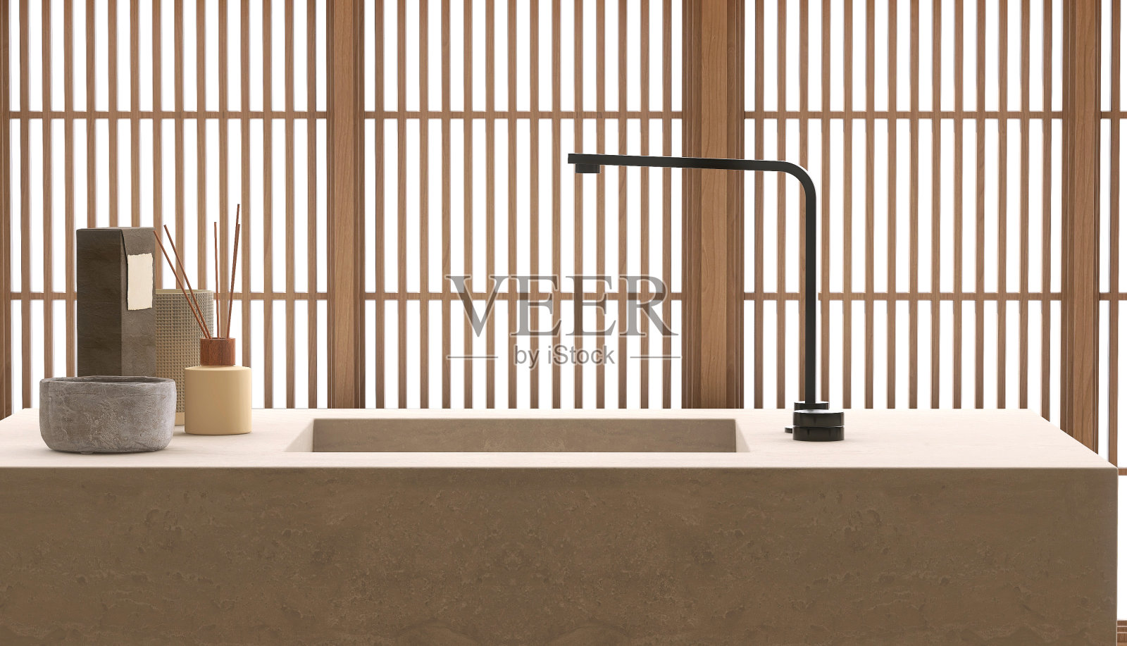 最小的棕色石材梳妆台与矩形水槽脸盆,黑色水龙头在阳光下从木制的shoji百叶窗在豪华浴室照片摄影图片