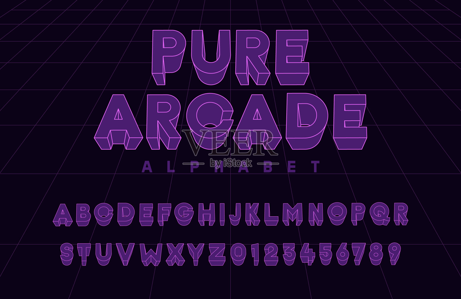 纯街机复古优质字母在紫色紫罗兰色。矢量3d霓虹灯字体。基于retrowave, synthwave,视频游戏图形风格的文本元素。基于80年代、90年代和千年虫的字体插画图片素材