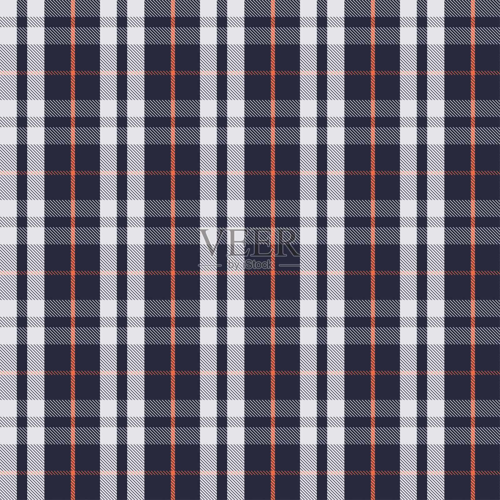 无缝格纹和格子图案,深蓝色,白色和橙色的纺织品设计。插画图片素材