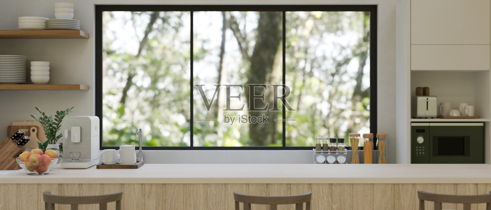 在现代白色厨房中,在最小的白色厨房台面上复制空间。照片摄影图片