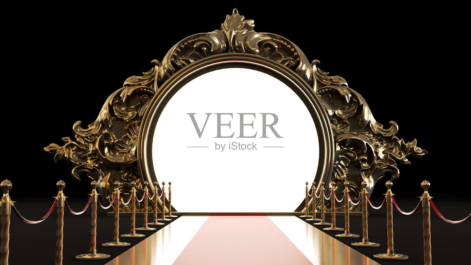 红地毯上的护栏通向闪亮的门灯,复古的金色巴洛克框架照片摄影图片