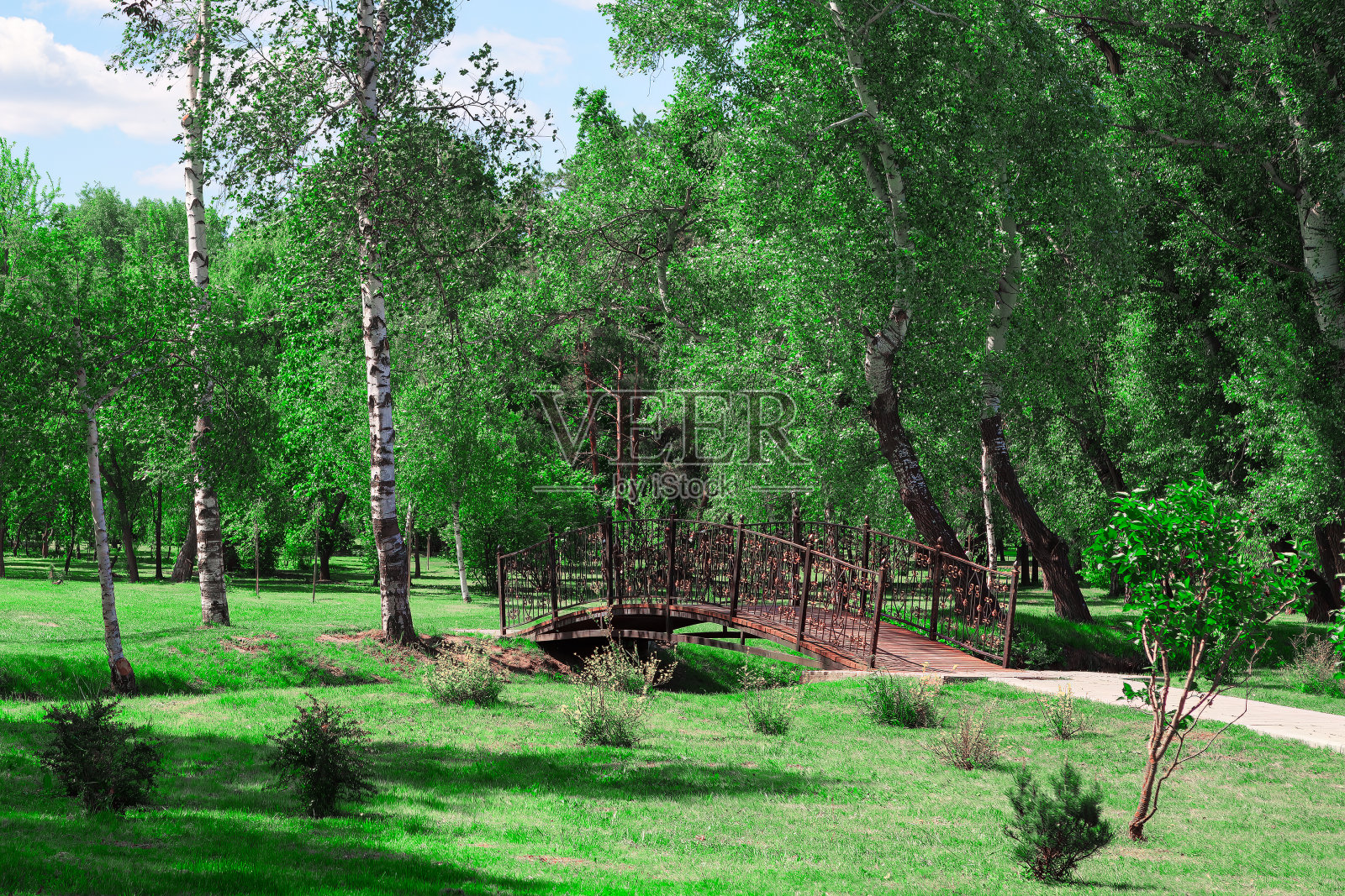 春天公园里的人行桥照片摄影图片