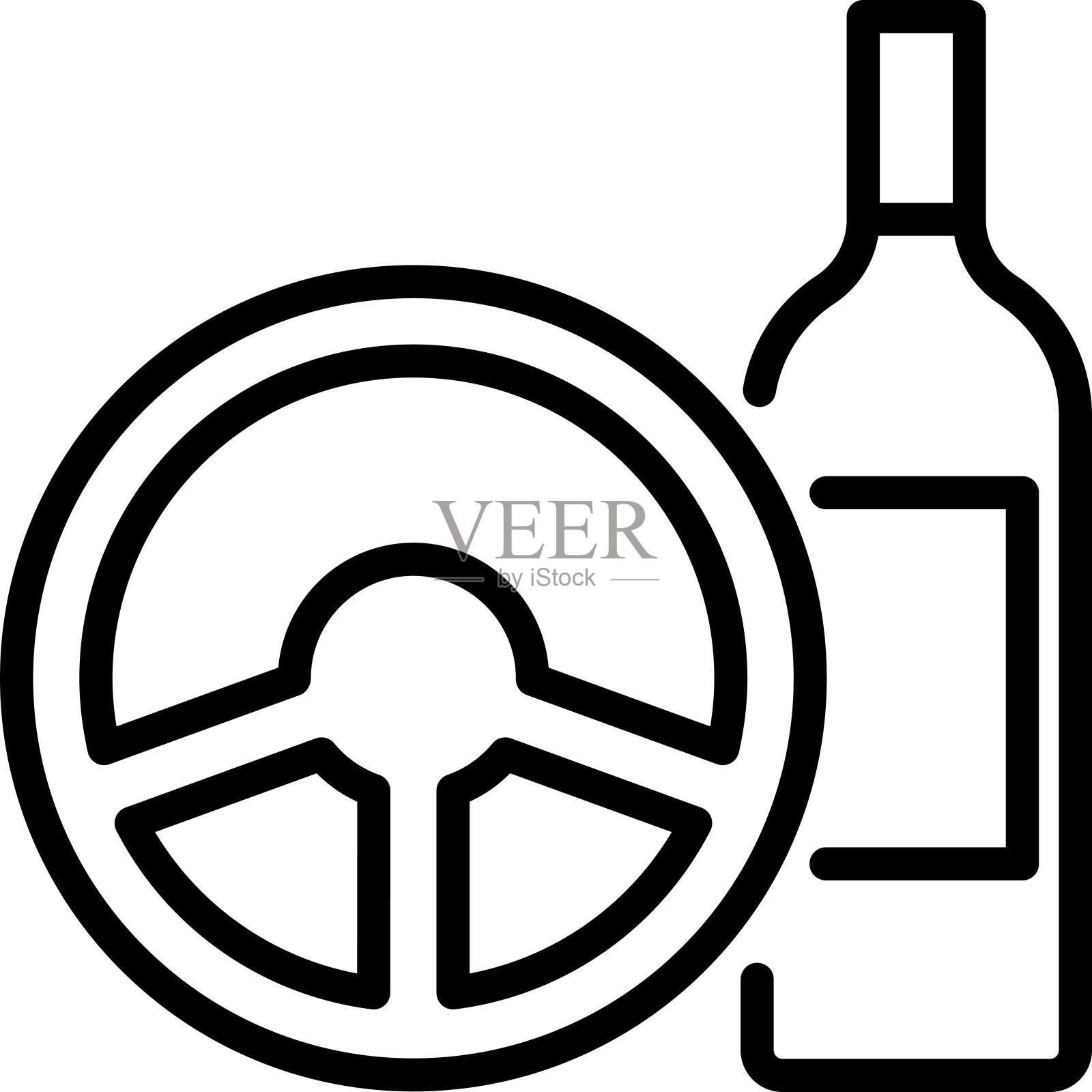 不要酒后驾车:方向盘和瓶子。细线图标。现代矢量插图的警告符号。插画图片素材