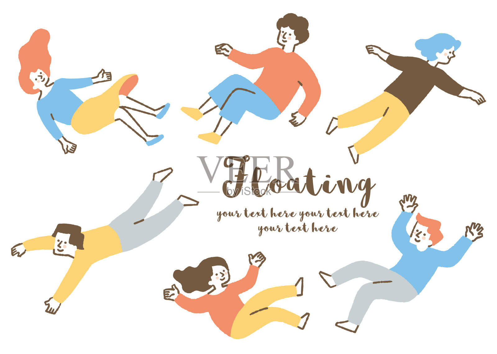 一组漂浮在air_color中的人插画图片素材