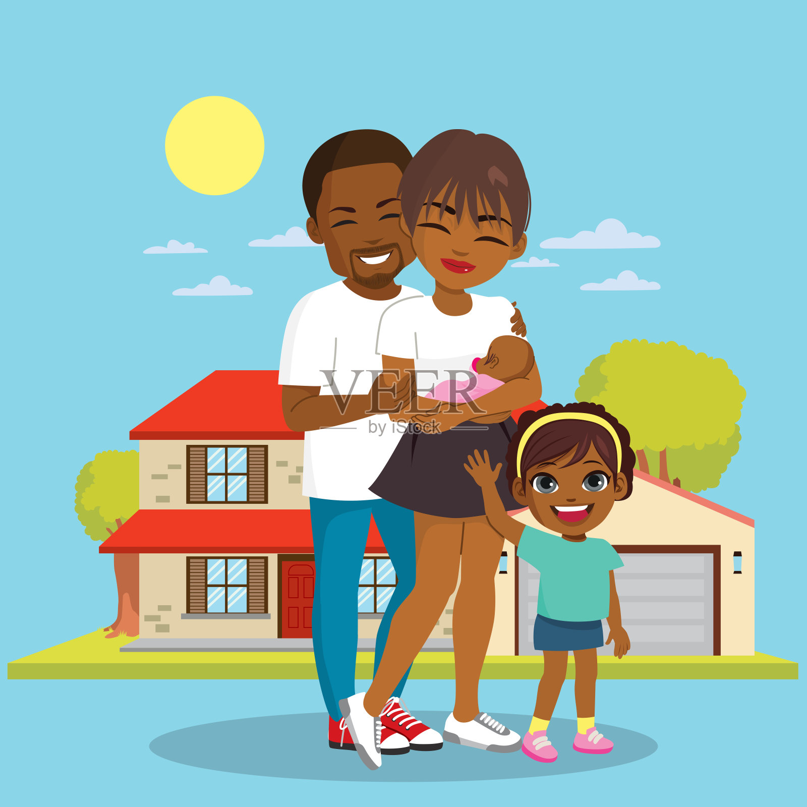 幸福的家庭在房子前面插画图片素材