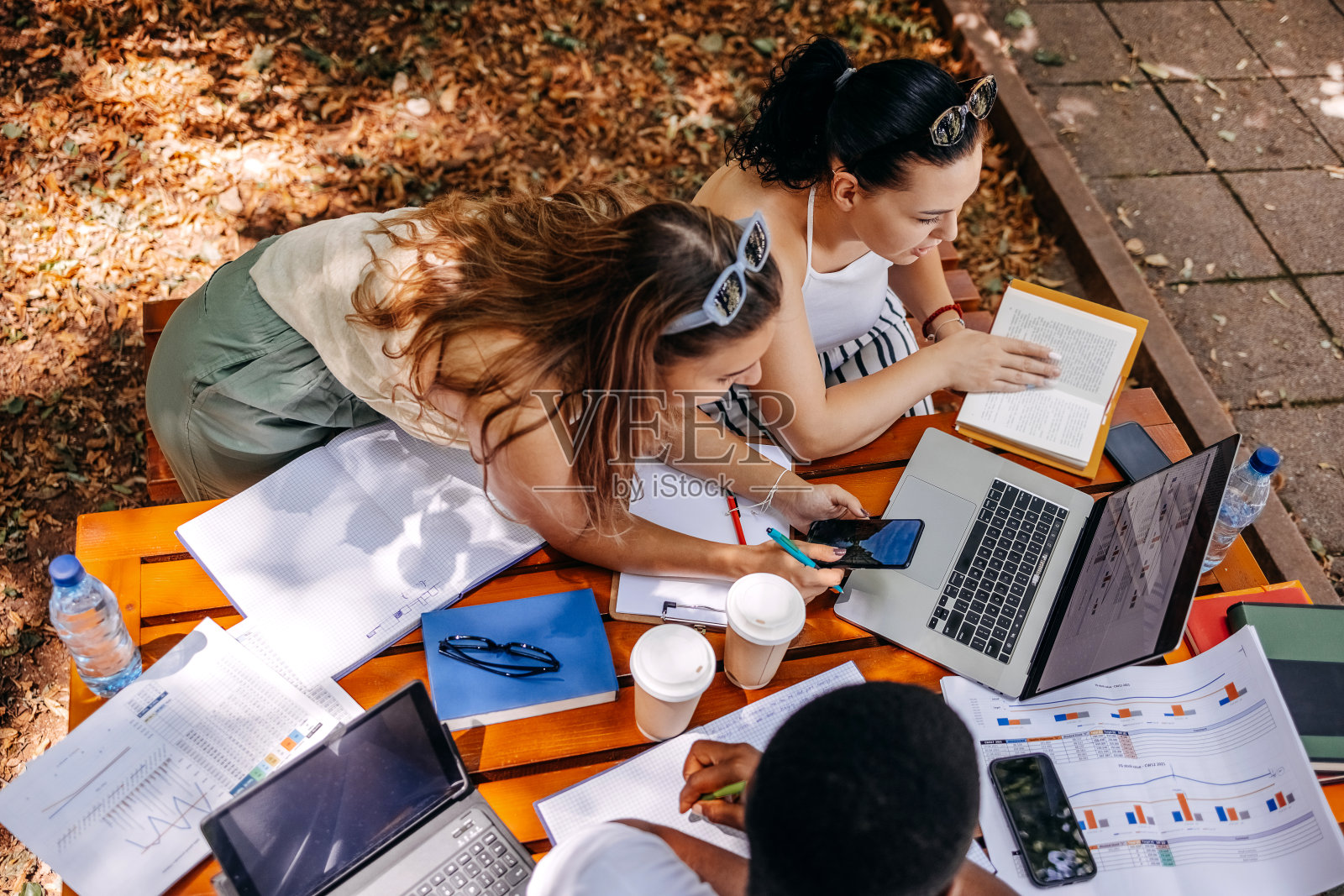 一群学生在公园外面学习照片摄影图片