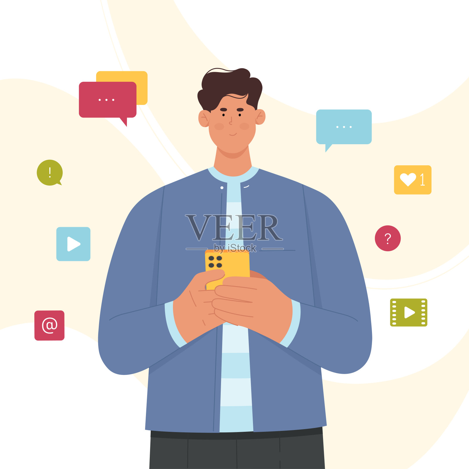 在智能手机上使用应用程序的人,被移动应用程序图标包围的年轻人插画图片素材