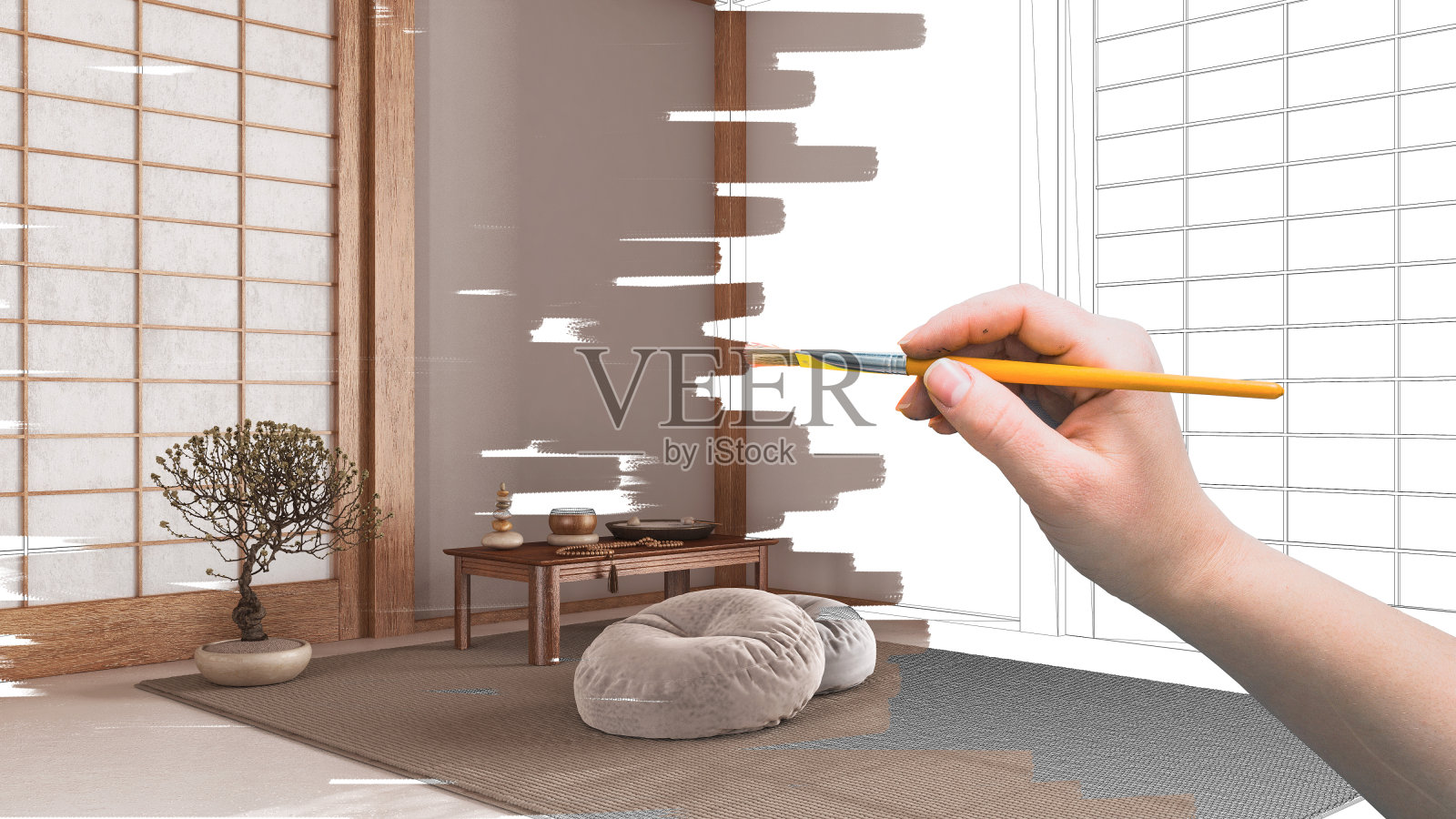 蓝图项目草案,带地毯和枕头的最小冥想室草图,手绘室内细节,设计理念理念,拼花地板,定制家具照片摄影图片