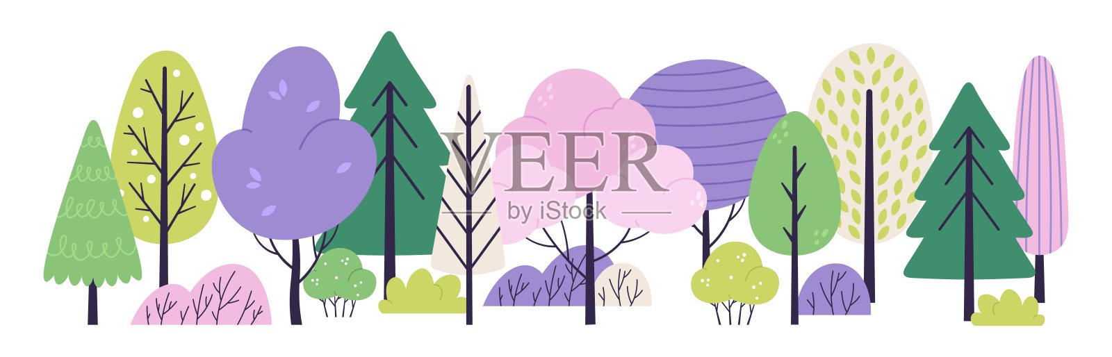 抽象涂鸦森林背景。五颜六色的树木,斯堪的纳维亚风格的灌木和树。创意花园或公园景观。自然活泼矢量横幅插画图片素材