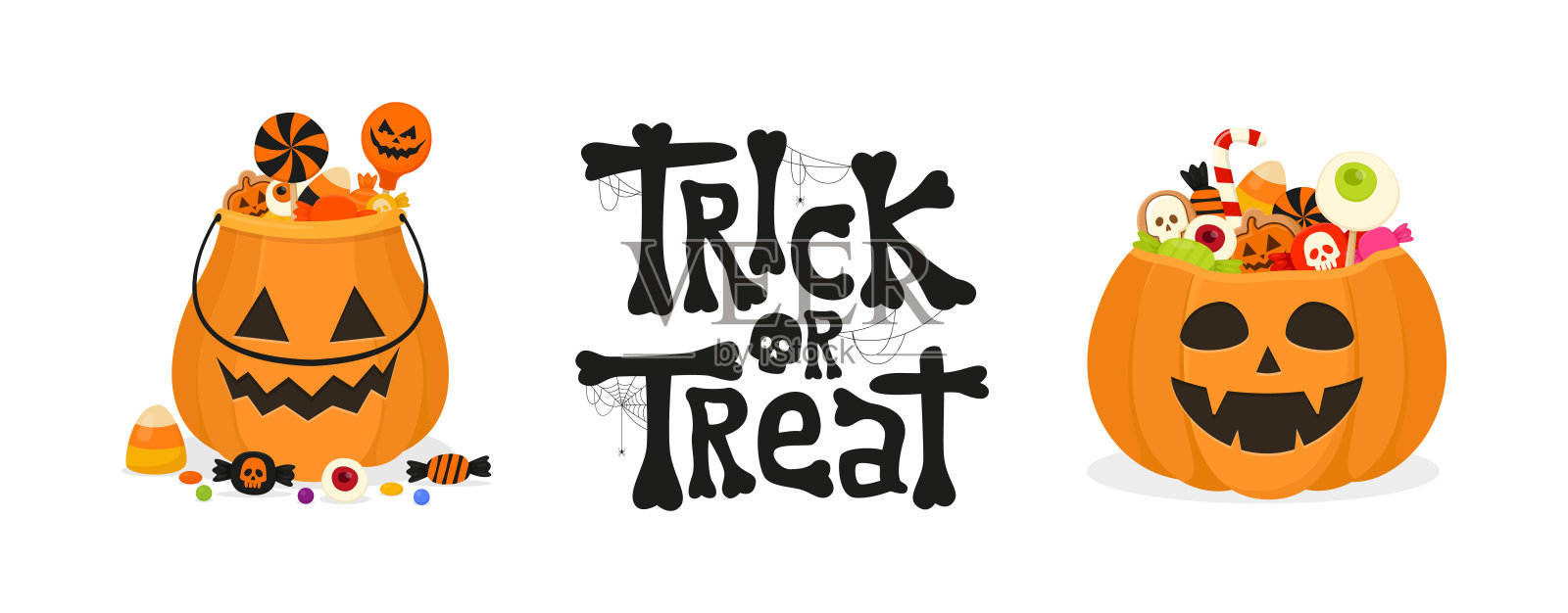 不给糖就捣蛋。南瓜袋里的万圣节糖果。橙杰克灯笼篮和文字。插画图片素材